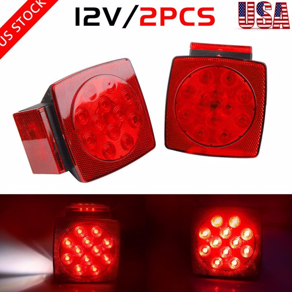 1 Pair Rear LED Submersible Square Trailer Tail Lights Kit Boat Truck Waterproof-10