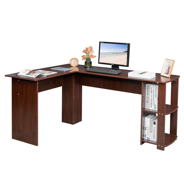 L型木质电脑办公桌带2层置物层-深棕色 【DC】-28