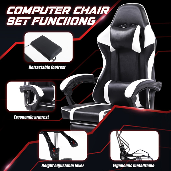 成人电子游戏椅，带脚凳的PU皮革游戏椅，360°旋转可调节腰枕游戏椅，适合重型人群的舒适电脑椅，白色-5