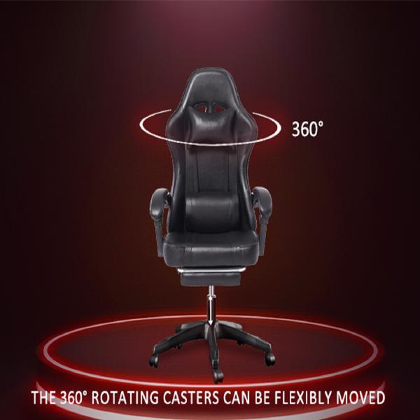 成人电子游戏椅，带脚凳的PU皮革游戏椅，360°旋转可调节腰枕游戏椅，适合重型人群的舒适电脑椅，黑色-13