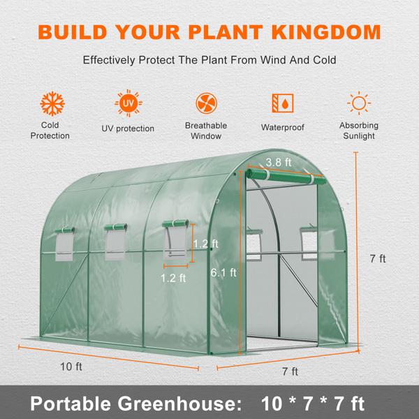 户外温室 10x7x7FT 升级版大型温室（适用于绿色花园植物）/ 重型镀锌钢架便携式步入式隧道帐篷-2