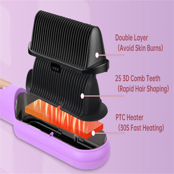 三部负离子直发梳 Negative Ionic Hair Straightener Brush with 9 Temp Settings, 30s Fast Heating, Hair Straightening Comb with LED Display, Anti-Scald & Auto-Shut Off Hair Straightening Iron (Purple)-8