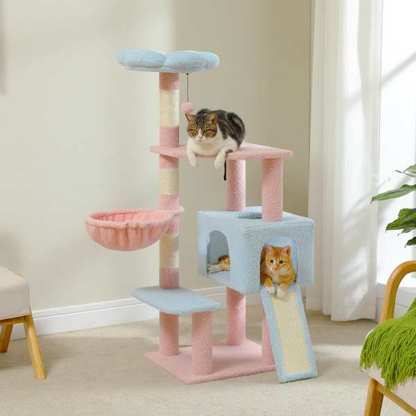花猫树 47.2 英寸多层猫塔，带剑麻覆盖的抓痒柱，可爱的猫公寓，适合室内中小型猫，粉色顶栖，坡道，蓬松球，蓝色-1