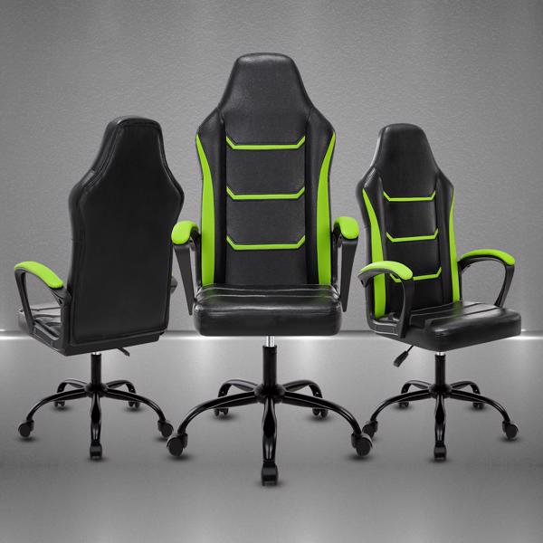 电子游戏电脑椅，带扶手办公椅，可调节高度旋转式 PU 皮革大班椅，带轮子，适合成人 女性 男性，绿色-7
