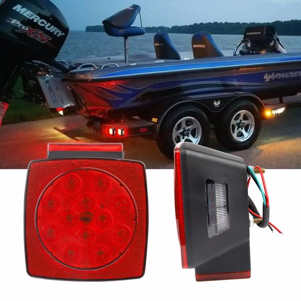 1 Pair Rear LED Submersible Square Trailer Tail Lights Kit Boat Truck Waterproof-9