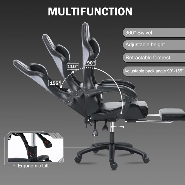 电竞椅，成人电子游戏椅，符合人体工程学，PU皮革，带脚凳和腰部支撑的躺椅办公椅，适合重型人群的舒适电脑椅，黑色-6