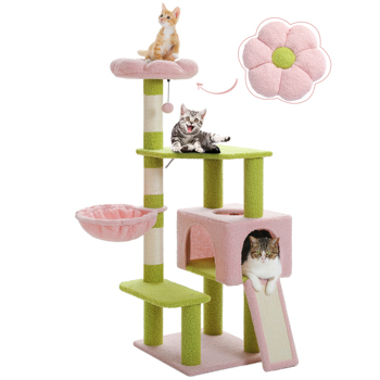 花猫树 47.2 英寸多层猫塔，带剑麻覆盖的抓痒柱，可爱的猫公寓，适合室内中小型猫，粉色顶栖，坡道，蓬松球，绿色