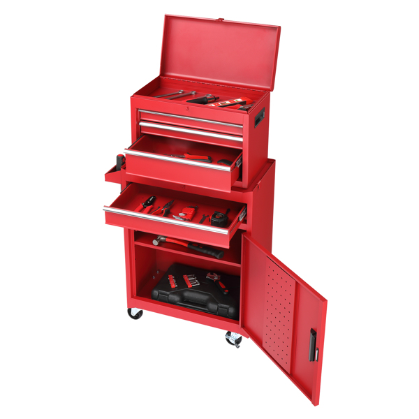 4抽带柜  带锁 330lb 钢制 维修工具车 红色-3