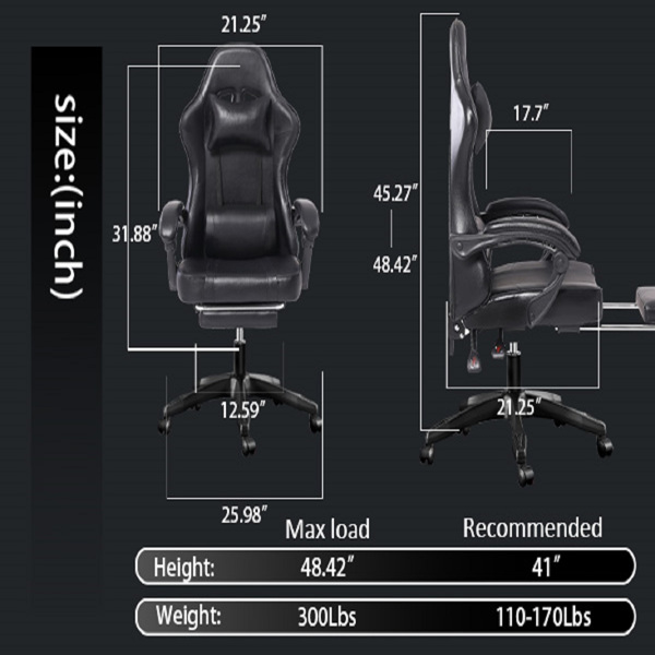 成人电子游戏椅，带脚凳的PU皮革游戏椅，360°旋转可调节腰枕游戏椅，适合重型人群的舒适电脑椅，黑色-16