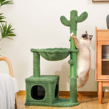 Cactus Cat Tree 40\\" Cat Tower with Large Metal Carpet Hammock, Cat Scratching Post for Indoor Cats with Condo& Dangling Ball, Green 
