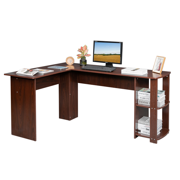 L型木质电脑办公桌带2层置物层-深棕色 【DC】-31