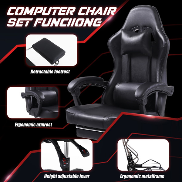 成人电子游戏椅，带脚凳的PU皮革游戏椅，360°旋转可调节腰枕游戏椅，适合重型人群的舒适电脑椅，黑色-5