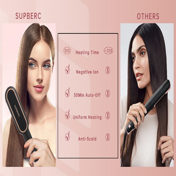 三部负离子直发梳 Negative Ionic Hair Straightener Brush with 9 Temp Settings, 30s Fast Heating, Hair Straightening Comb with LED Display, Anti-Scald & Auto-Shut Off Hair Straightening Iron (Black)-9