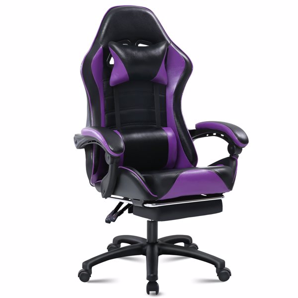 电竞椅，成人电子游戏椅，符合人体工程学，PU皮革，带脚凳和腰部支撑的躺椅办公椅，适合重型人群的舒适电脑椅，紫色-1