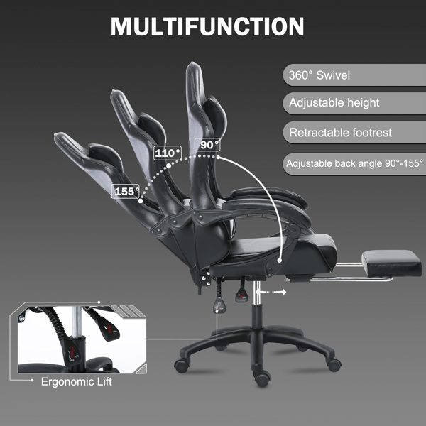 电竞椅，成人电子游戏椅，符合人体工程学，PU皮革，带脚凳和腰部支撑的躺椅办公椅，适合重型人群的舒适电脑椅，灰色-3