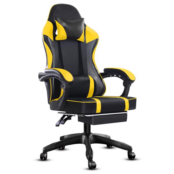 成人电子游戏椅，带脚凳的PU皮革游戏椅，360°旋转可调节腰枕游戏椅，适合重型人群的舒适电脑椅，黄色-1