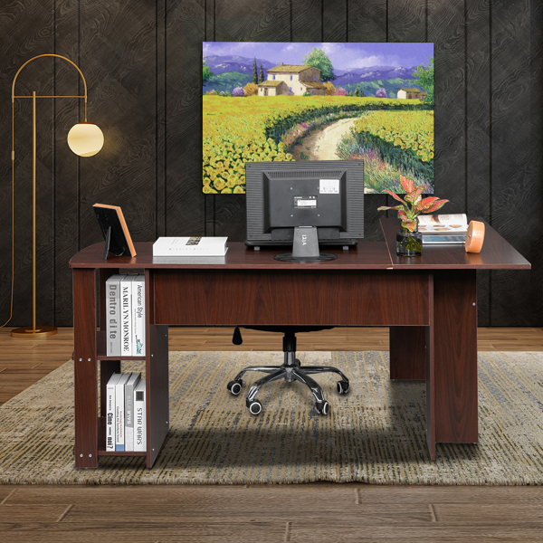 L型木质电脑办公桌带2层置物层-深棕色 【DC】-38