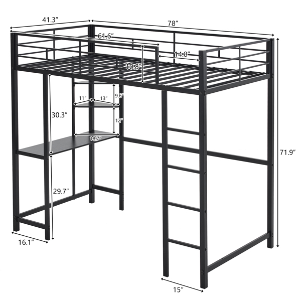 拆装 方管高架床 两梯两层置物架 带桌子 twin 黑色 铁床 美国-3