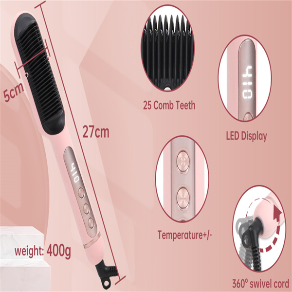 三部负离子直发梳 Negative Ionic Hair Straightener Brush with 9 Temp Settings, 30s Fast Heating, Hair Straightening Comb with LED Display, Anti-Scald & Auto-Shut Off Hair Straightening Iron (Pink)-6