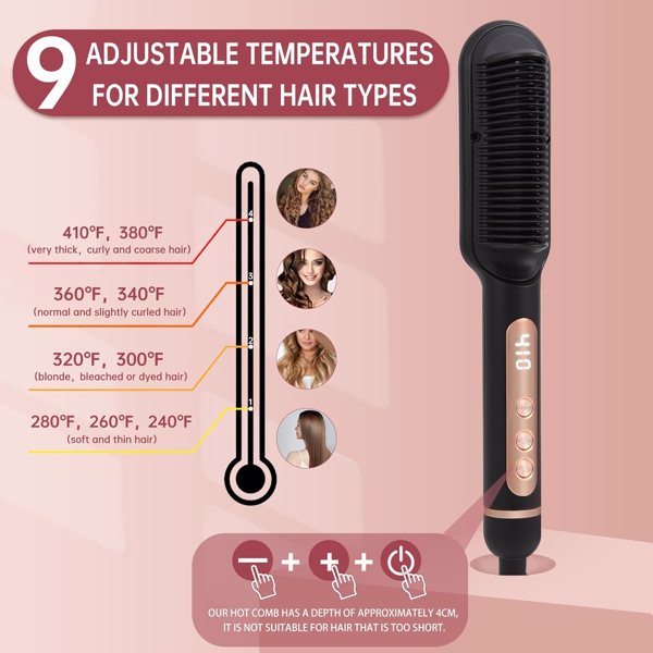 三部负离子直发梳 Negative Ionic Hair Straightener Brush with 9 Temp Settings, 30s Fast Heating, Hair Straightening Comb with LED Display, Anti-Scald & Auto-Shut Off Hair Straightening Iron (Black)-2