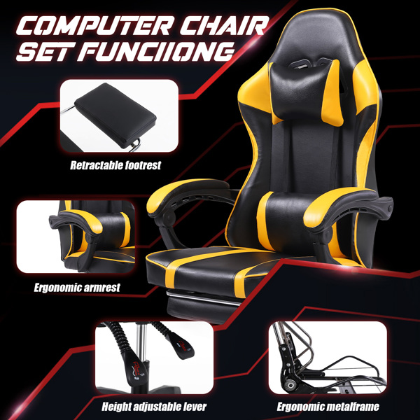 成人电子游戏椅，带脚凳的PU皮革游戏椅，360°旋转可调节腰枕游戏椅，适合重型人群的舒适电脑椅，黄色-5