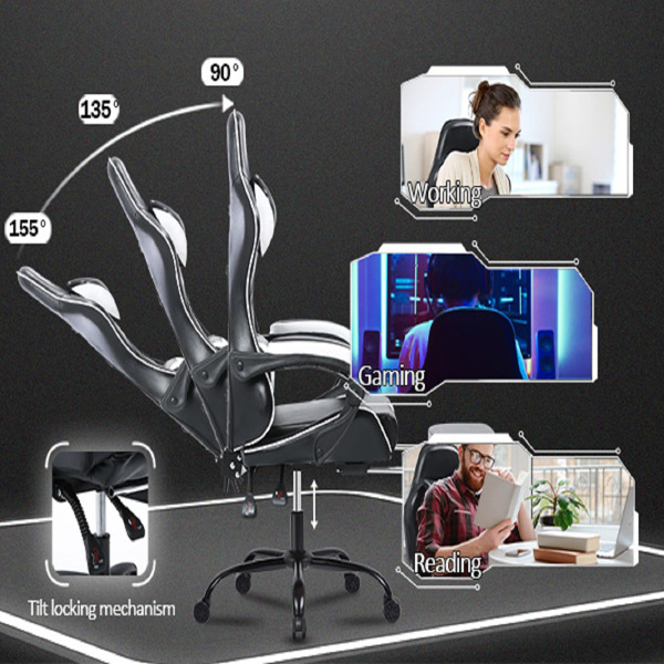电竞椅，成人电子游戏椅，符合人体工程学，PU皮革，带脚凳和腰部支撑的躺椅办公椅，适合重型人群的舒适电脑椅，白色-14