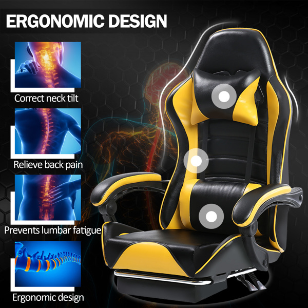 电竞椅，成人电子游戏椅，符合人体工程学，PU皮革，带脚凳和腰部支撑的躺椅办公椅，适合重型人群的舒适电脑椅，黄色-7