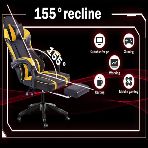 成人电子游戏椅，带脚凳的PU皮革游戏椅，360°旋转可调节腰枕游戏椅，适合重型人群的舒适电脑椅，黄色-17