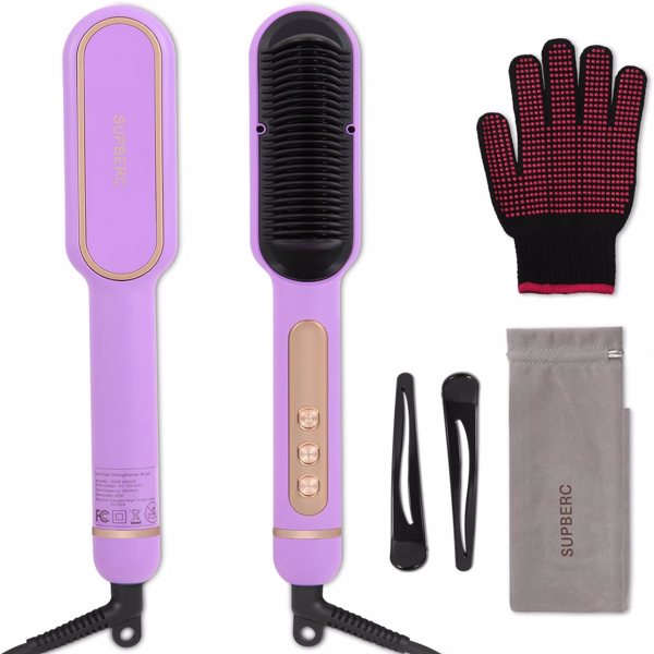 三部负离子直发梳 Negative Ionic Hair Straightener Brush with 9 Temp Settings, 30s Fast Heating, Hair Straightening Comb with LED Display, Anti-Scald & Auto-Shut Off Hair Straightening Iron (Purple)-10