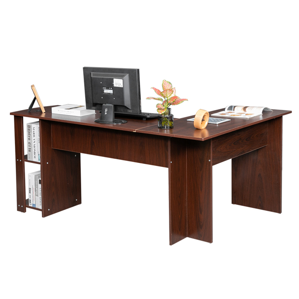 L型木质电脑办公桌带2层置物层-深棕色 【DC】-22