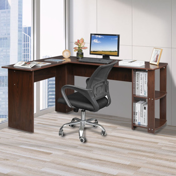 L型木质电脑办公桌带2层置物层-深棕色 【DC】