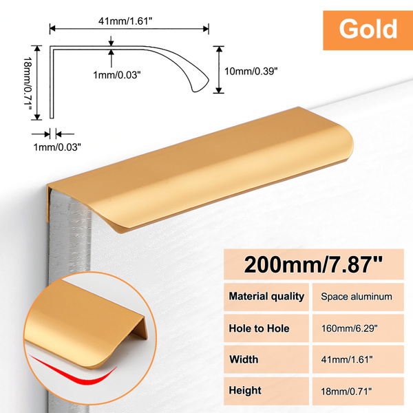 免打孔隐形拉手嵌入式金色黑色暗拉手现代简约抽屉衣柜门橱柜拉手 总长度200mm 6pcs-1