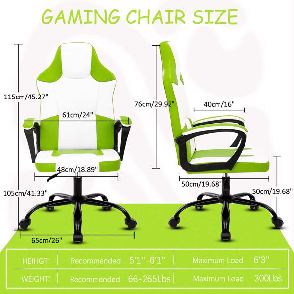 成人游戏椅，带扶手的游戏椅办公椅，可调节高度的儿童游戏椅，带轮子的舒适电脑椅电竞椅，绿色-2