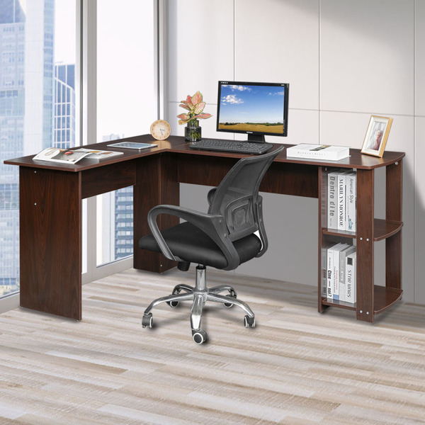 L型木质电脑办公桌带2层置物层-深棕色 【DC】-1