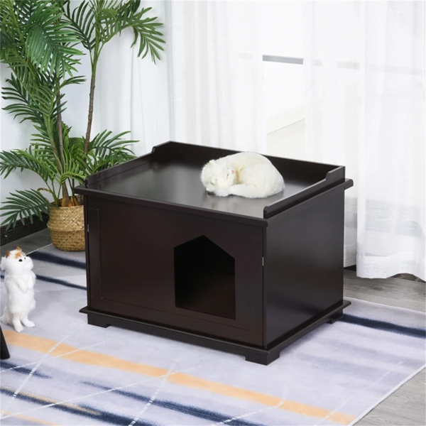 29.3“棕色猫屋 ，木制猫砂盒，沙发旁茶几，床头柜-7