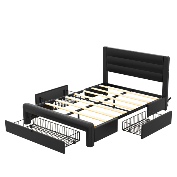 大号床架带抽屉储物空间，皮革软垫平台床带充电站-黑色-13