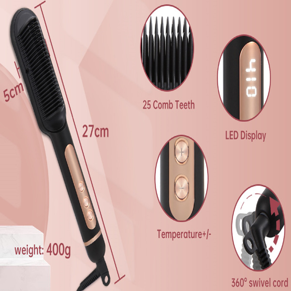 三部负离子直发梳 Negative Ionic Hair Straightener Brush with 9 Temp Settings, 30s Fast Heating, Hair Straightening Comb with LED Display, Anti-Scald & Auto-Shut Off Hair Straightening Iron (Black)-6