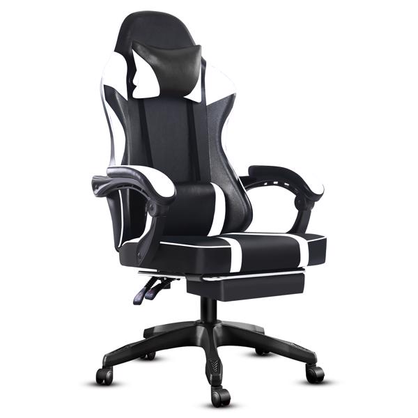 成人电子游戏椅，带脚凳的PU皮革游戏椅，360°旋转可调节腰枕游戏椅，适合重型人群的舒适电脑椅，白色-1