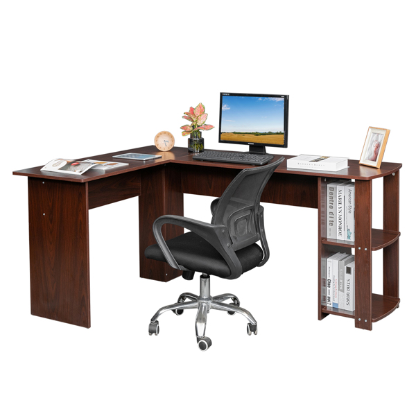 L型木质电脑办公桌带2层置物层-深棕色 【DC】-24