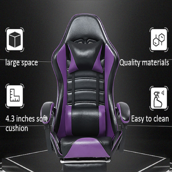 电竞椅，成人电子游戏椅，符合人体工程学，PU皮革，带脚凳和腰部支撑的躺椅办公椅，适合重型人群的舒适电脑椅，紫色-9