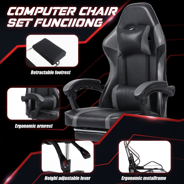 成人电子游戏椅，带脚凳的PU皮革游戏椅，360°旋转可调节腰枕游戏椅，适合重型人群的舒适电脑椅，灰色-5