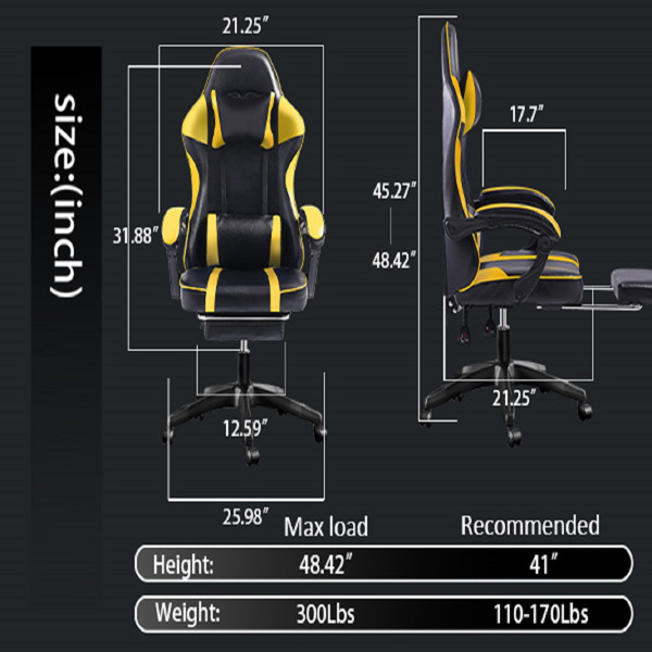 成人电子游戏椅，带脚凳的PU皮革游戏椅，360°旋转可调节腰枕游戏椅，适合重型人群的舒适电脑椅，黄色-13