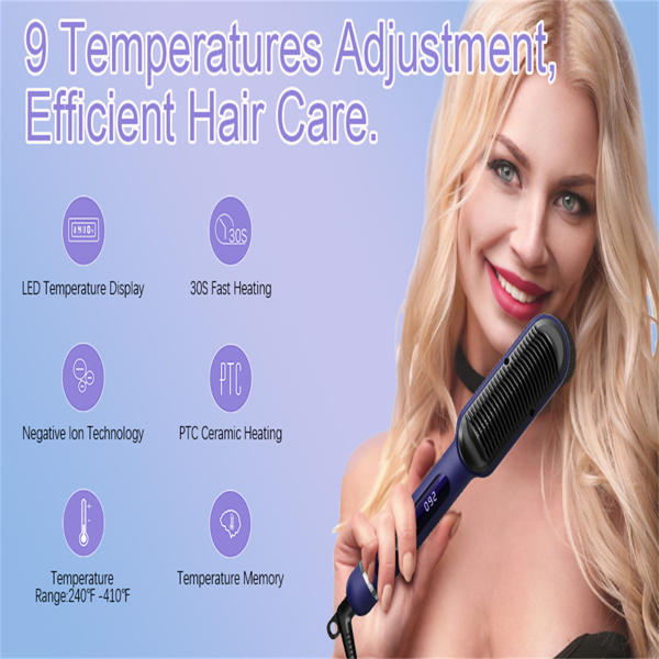 三部负离子直发梳 Advanced Negative Ionic Hair Straightener Brush with 9 Temp Settings LED Display Effortless Styling for Silky Smooth, Frizz-Free Hair-3