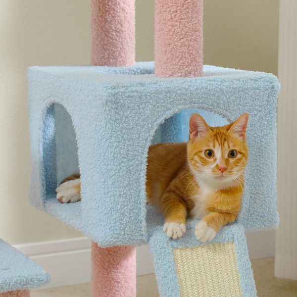 花猫树 47.2 英寸多层猫塔，带剑麻覆盖的抓痒柱，可爱的猫公寓，适合室内中小型猫，粉色顶栖，坡道，蓬松球，蓝色-7