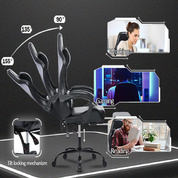 电竞椅，成人电子游戏椅，符合人体工程学，PU皮革，带脚凳和腰部支撑的躺椅办公椅，适合重型人群的舒适电脑椅，黑色-10