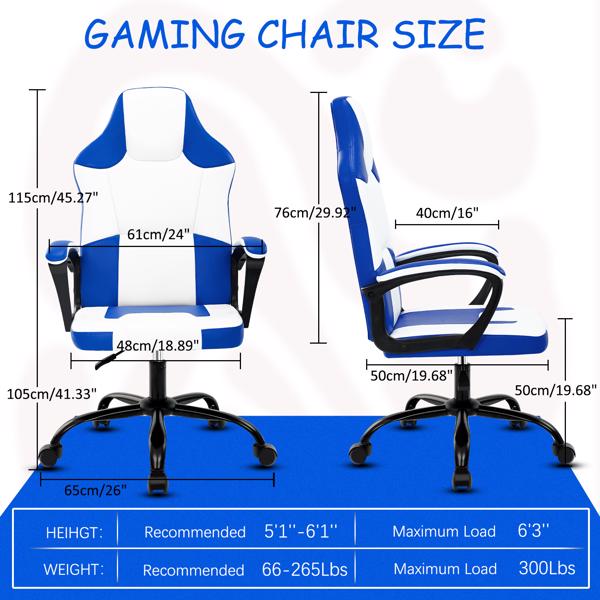 成人游戏椅，带扶手的游戏椅办公椅，可调节高度的儿童游戏椅，带轮子的舒适电脑椅电竞椅，蓝色-2