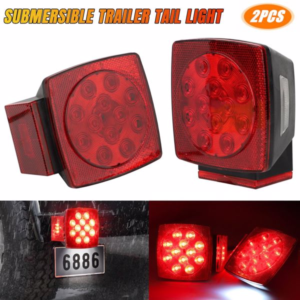 1 Pair Rear LED Submersible Square Trailer Tail Lights Kit Boat Truck Waterproof-13