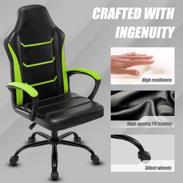 电子游戏电脑椅，带扶手办公椅，可调节高度旋转式 PU 皮革大班椅，带轮子，适合成人 女性 男性，绿色-5