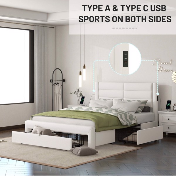 大号床架带抽屉储物空间，皮革软垫平台床带充电站-白色-4