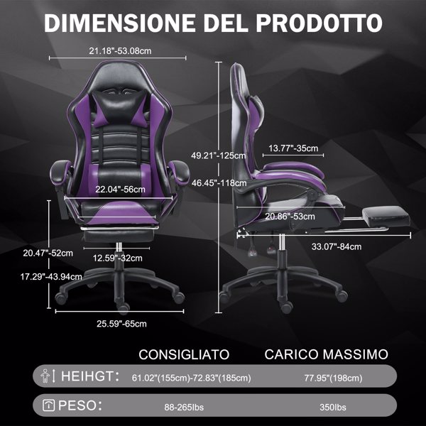 电竞椅，成人电子游戏椅，符合人体工程学，PU皮革，带脚凳和腰部支撑的躺椅办公椅，适合重型人群的舒适电脑椅，紫色-3